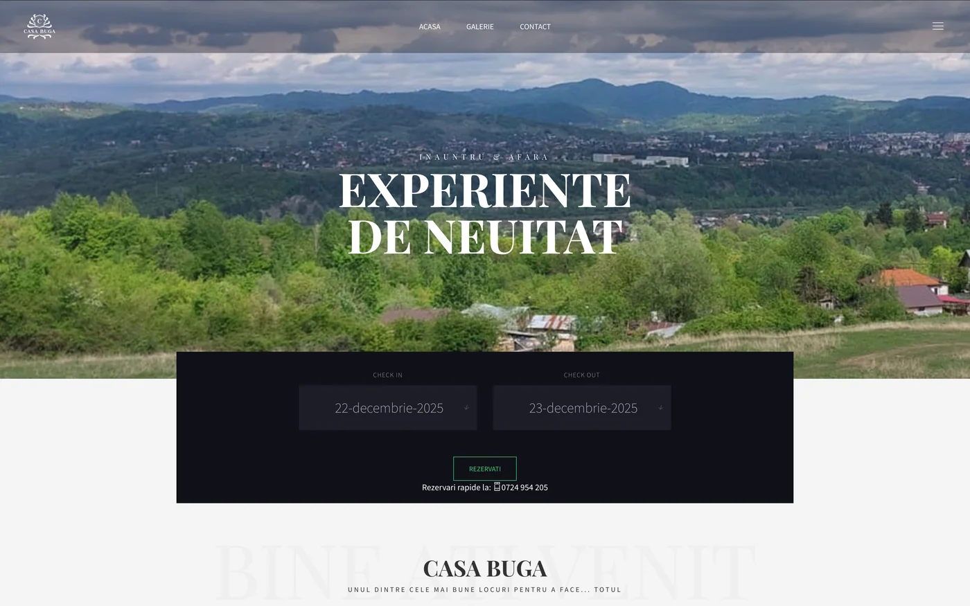 Captură de ecran: Casa Buga — Galerie / Rezervări / Contact