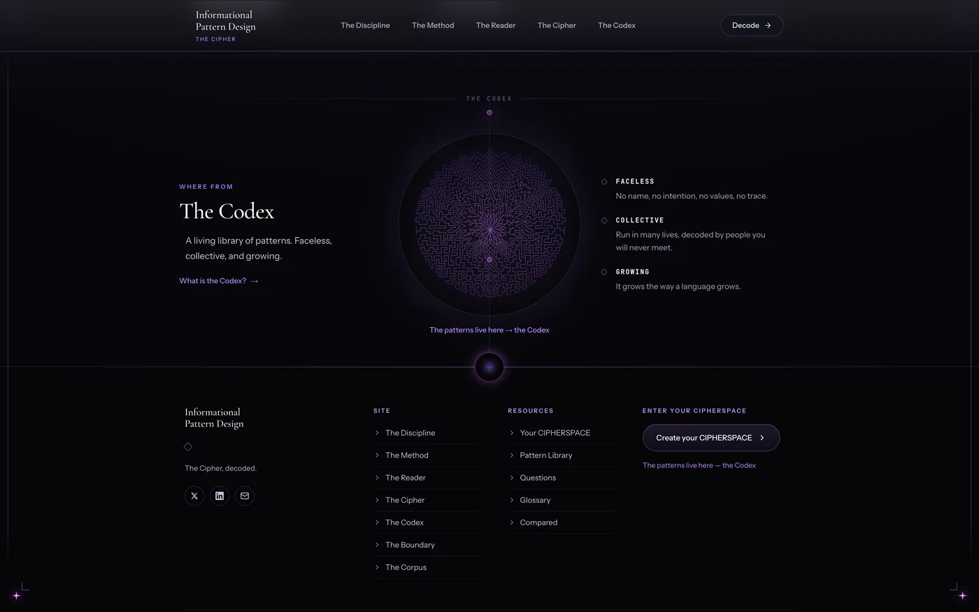 Captură de ecran: Informational Pattern Design — Hero / The Corpus / The Boundary