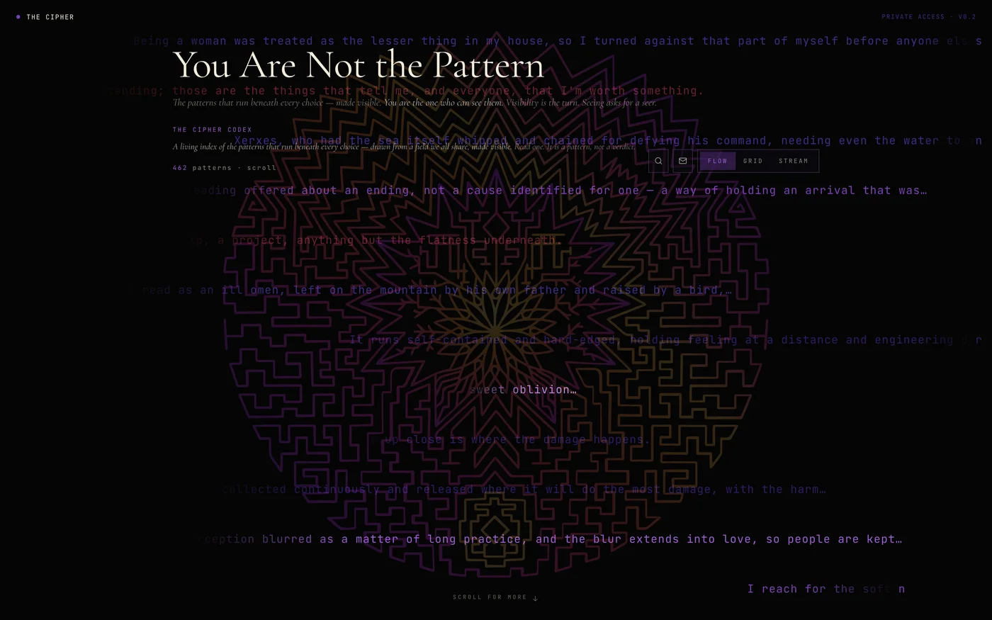 Screenshot: The Cipher — Codex / Pattern / Decoded count